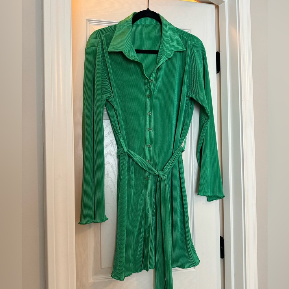 Plisse Green Long Sleeve Mini Dress
